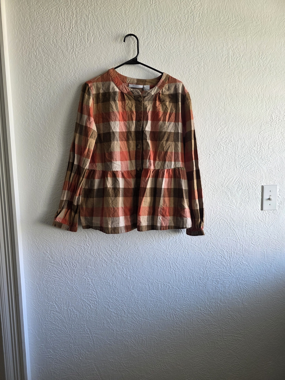 Dressbarn Plaid Button-Down Peplum Top in Brown, Orange, Cream